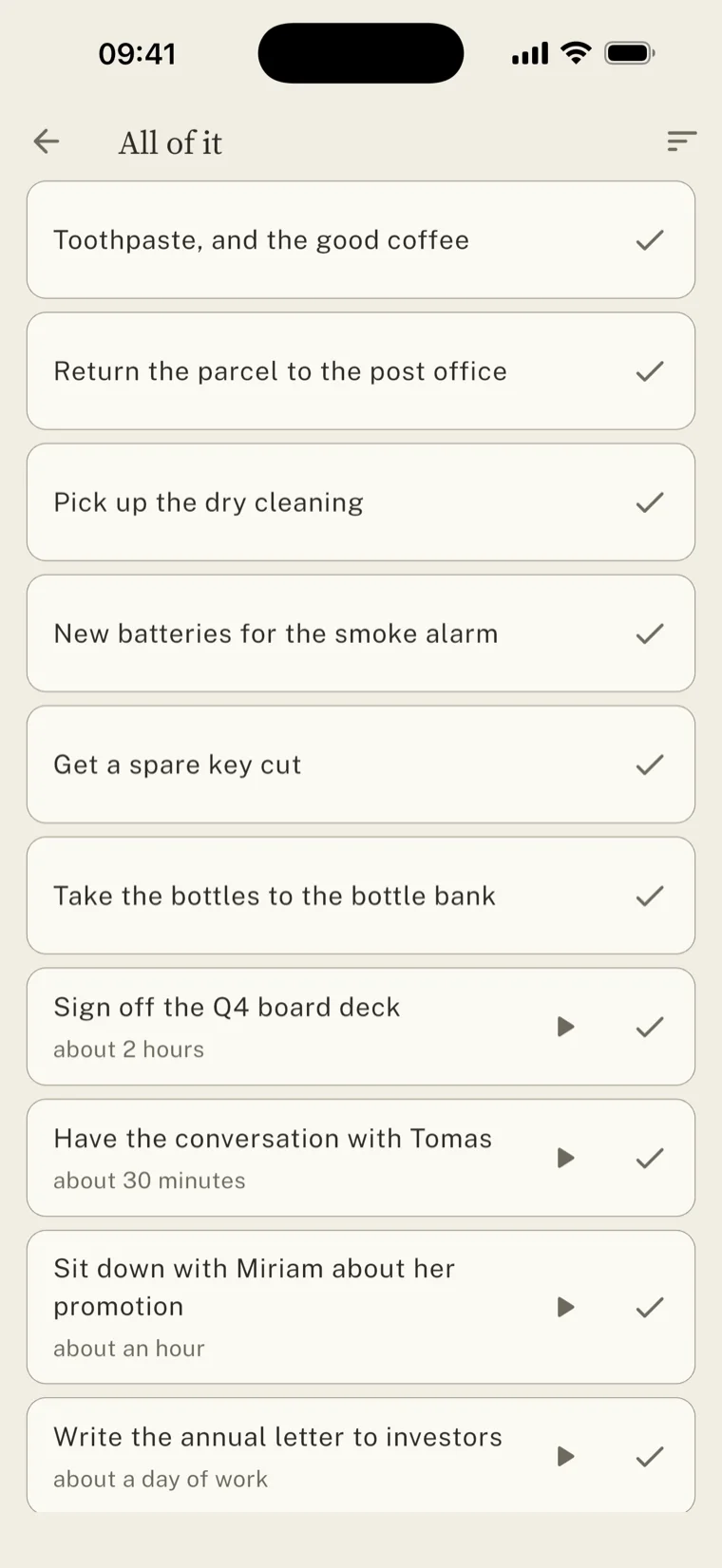The All of it list: task cards with a title and an effort estimate, each with a play icon and a check, and one finished task shown greyed out.
