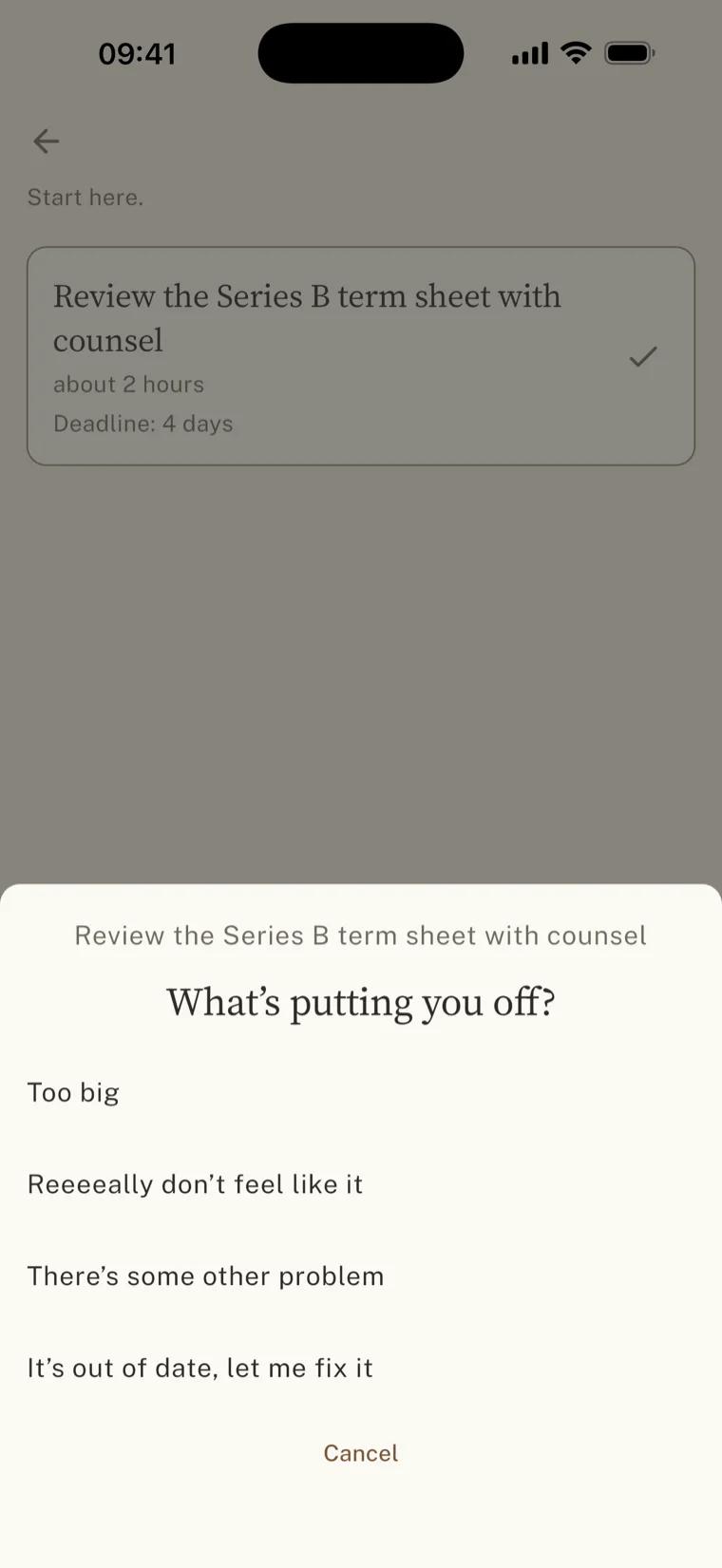 The sheet after declining a task: ‘What’s putting you off?’ with four answers: Too big, Reeeeally don’t feel like it, There’s some other problem, It’s out of date let me fix it.