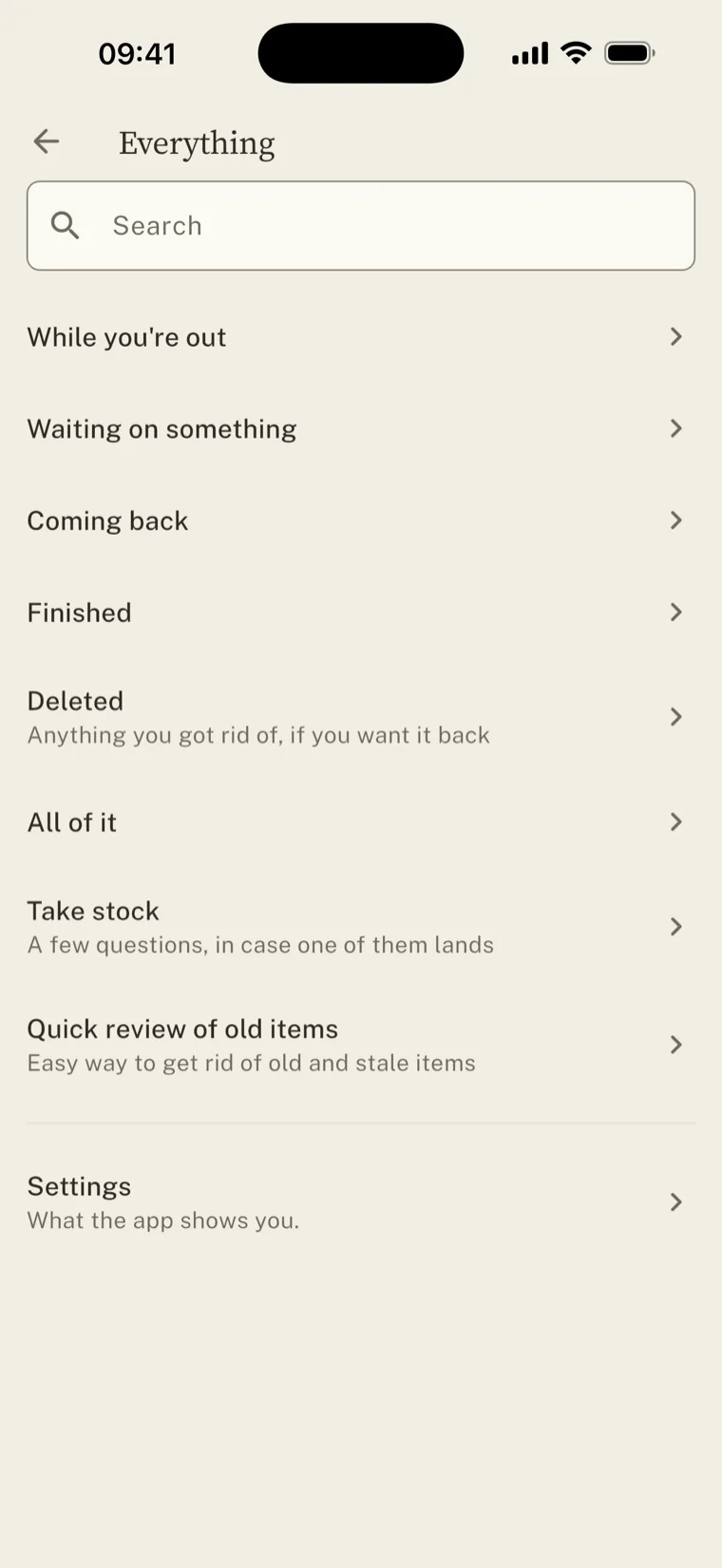 The Everything screen: a search field, then rows for While you’re out, Waiting on something, Coming back, Finished, Deleted, All of it, Take stock, Quick review of old items, and Settings.