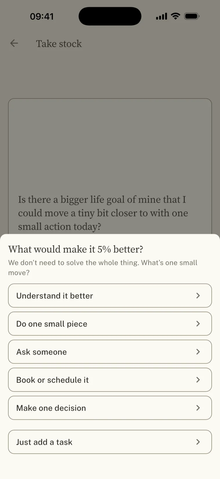 The 5% sheet: ‘What would make it 5% better?’ with five shapes: Understand it better, Do one small piece, Ask someone, Book or schedule it, Make one decision, and ‘Just add a task’.