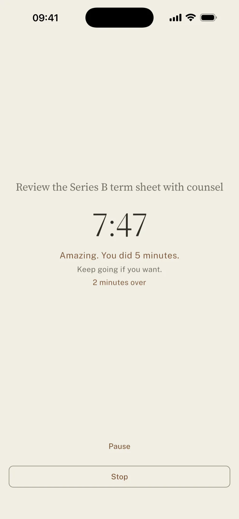 The same session past its commitment: the clock still running at 7:10, with ‘Amazing. You did 5 minutes.’ and ‘Keep going if you want.’ underneath.