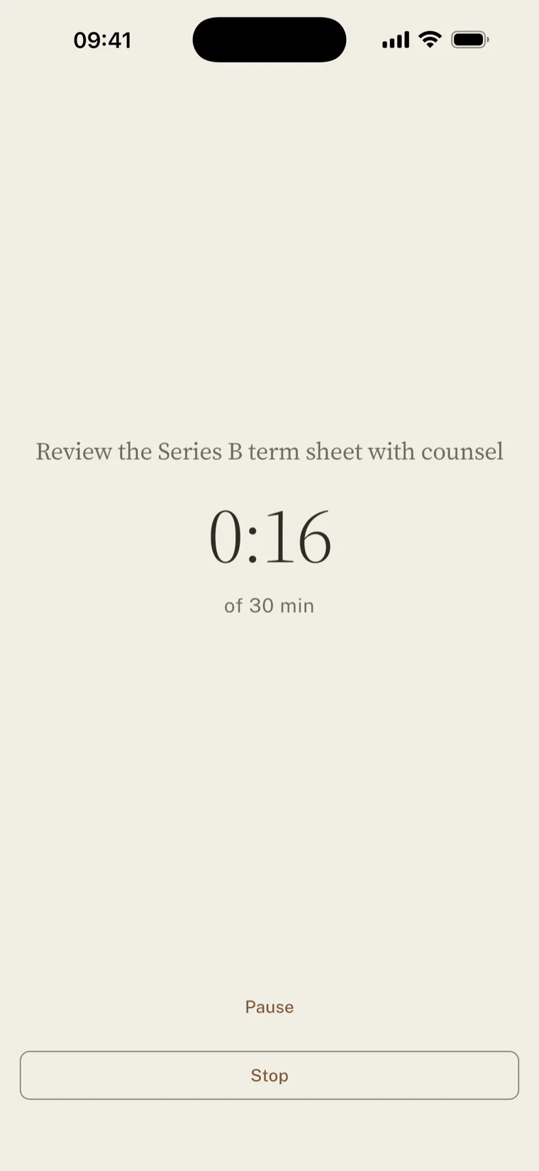A running session: the task title, a large serif clock reading 3:39, and ‘of 5 min’ underneath, with Pause and Stop at the bottom.